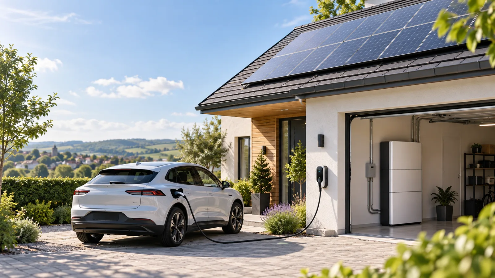 An electric car charging from a home wall charger, with solar panels on the roof and battery storage in the garage